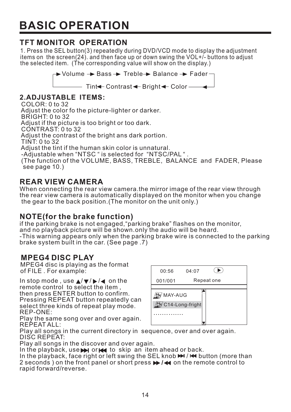 Basic operation, Rear view camera, Tft monitor operation | Mpeg4 disc play | PYLE Audio PLD53MUT User Manual | Page 15 / 24