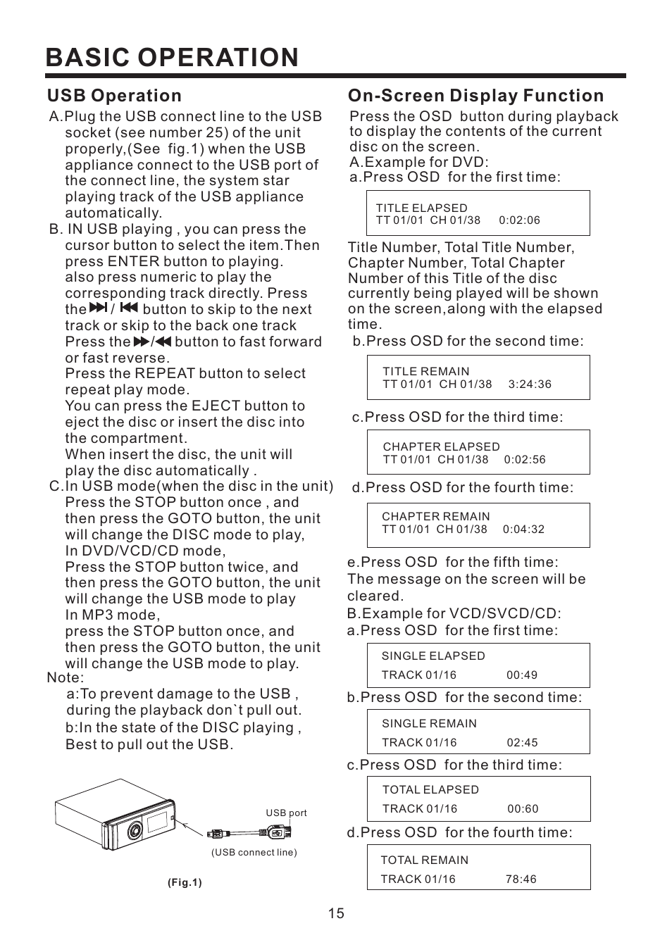 Basic operation, Usb operation, On-screen display function | PYLE Audio PLD53MUT User Manual | Page 16 / 24