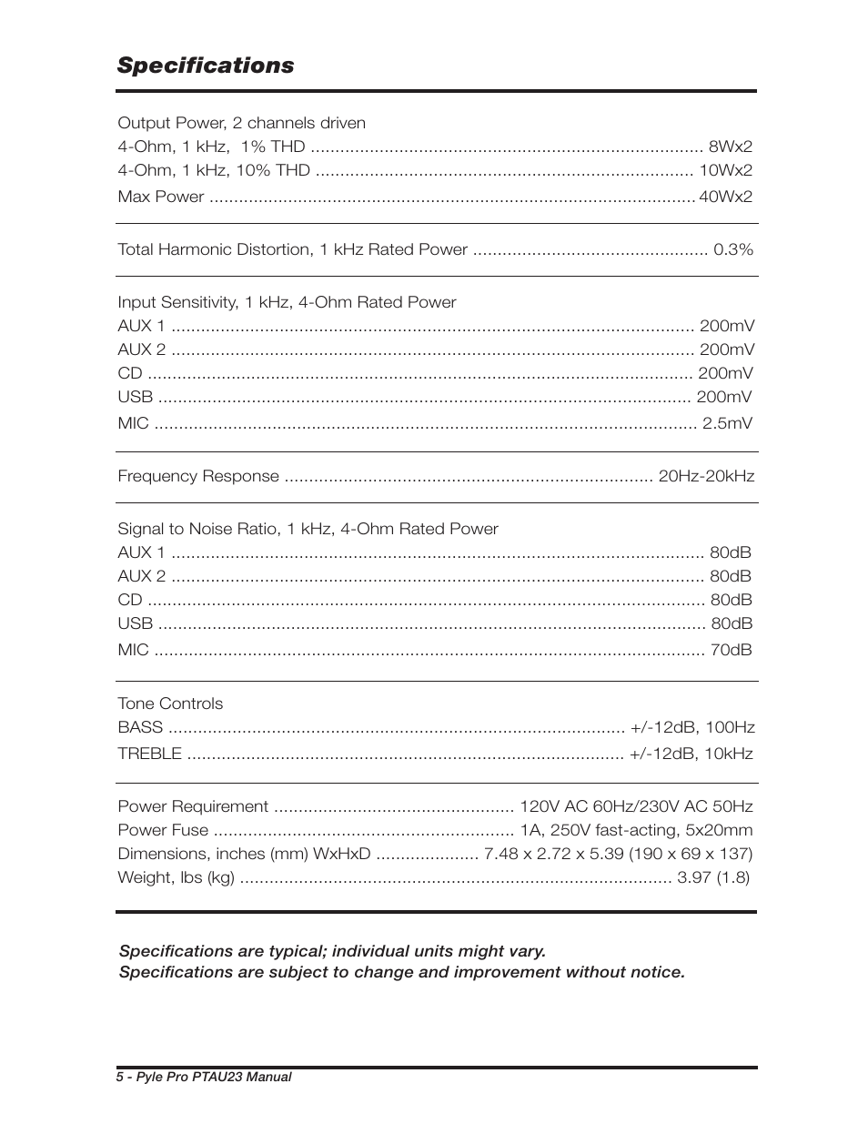 Specifications | PYLE Audio PTAU23 User Manual | Page 6 / 8