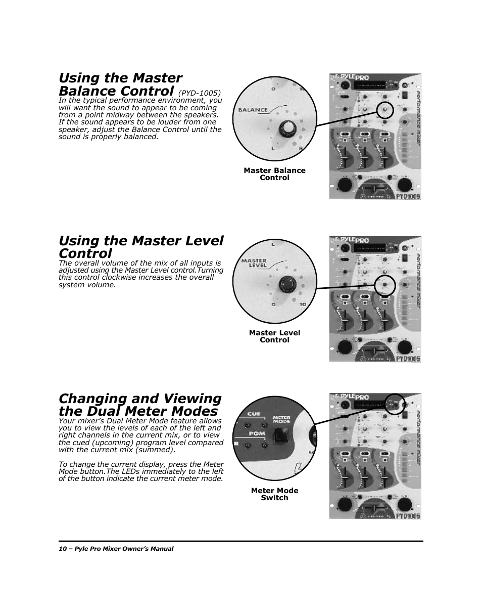 Using the master balance control, Using the master level control, Changing and viewing the dual meter modes | PYLE Audio PYD-1005 User Manual | Page 12 / 15