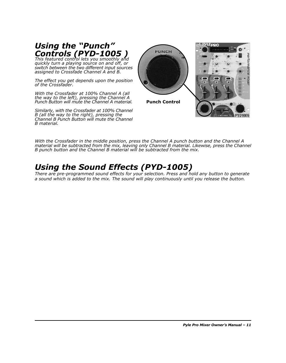 Using the “punch” controls (pyd-1005 ), Using the sound effects (pyd-1005) | PYLE Audio PYD-1005 User Manual | Page 13 / 15