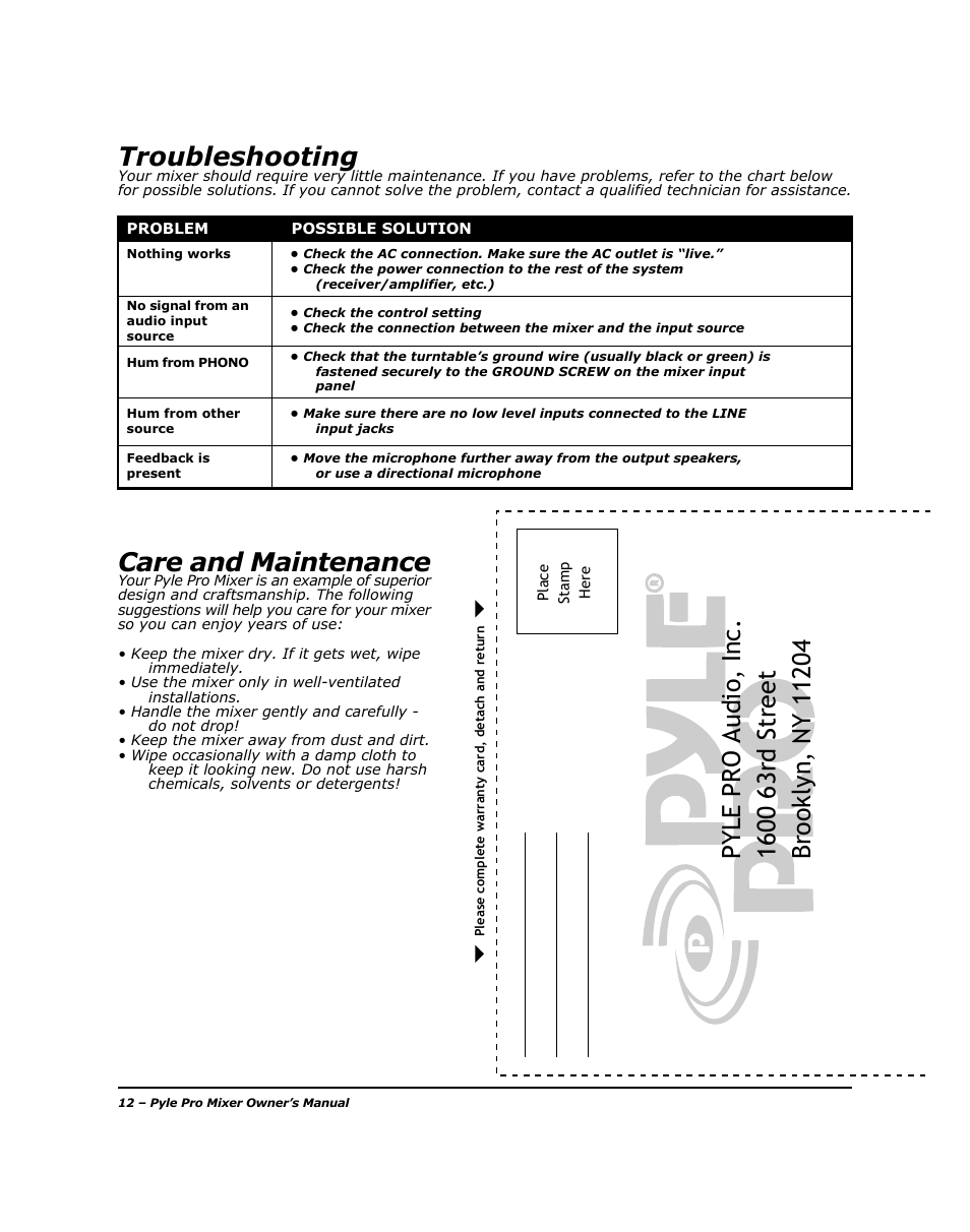 Troubleshooting, Care and maintenance | PYLE Audio PYD-1005 User Manual | Page 14 / 15