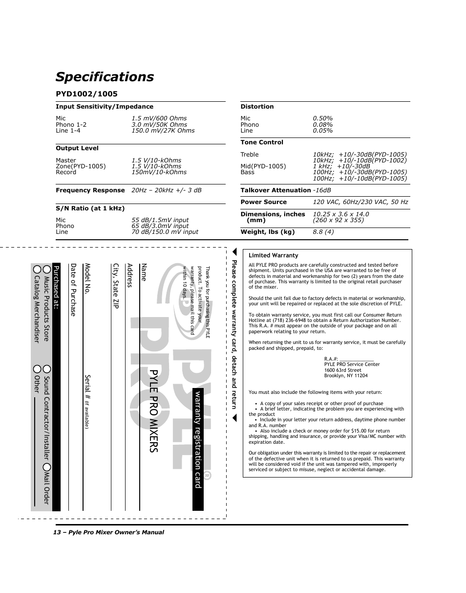Specifications, Pyle pro mixers, Warranty registration card | PYLE Audio PYD-1005 User Manual | Page 15 / 15