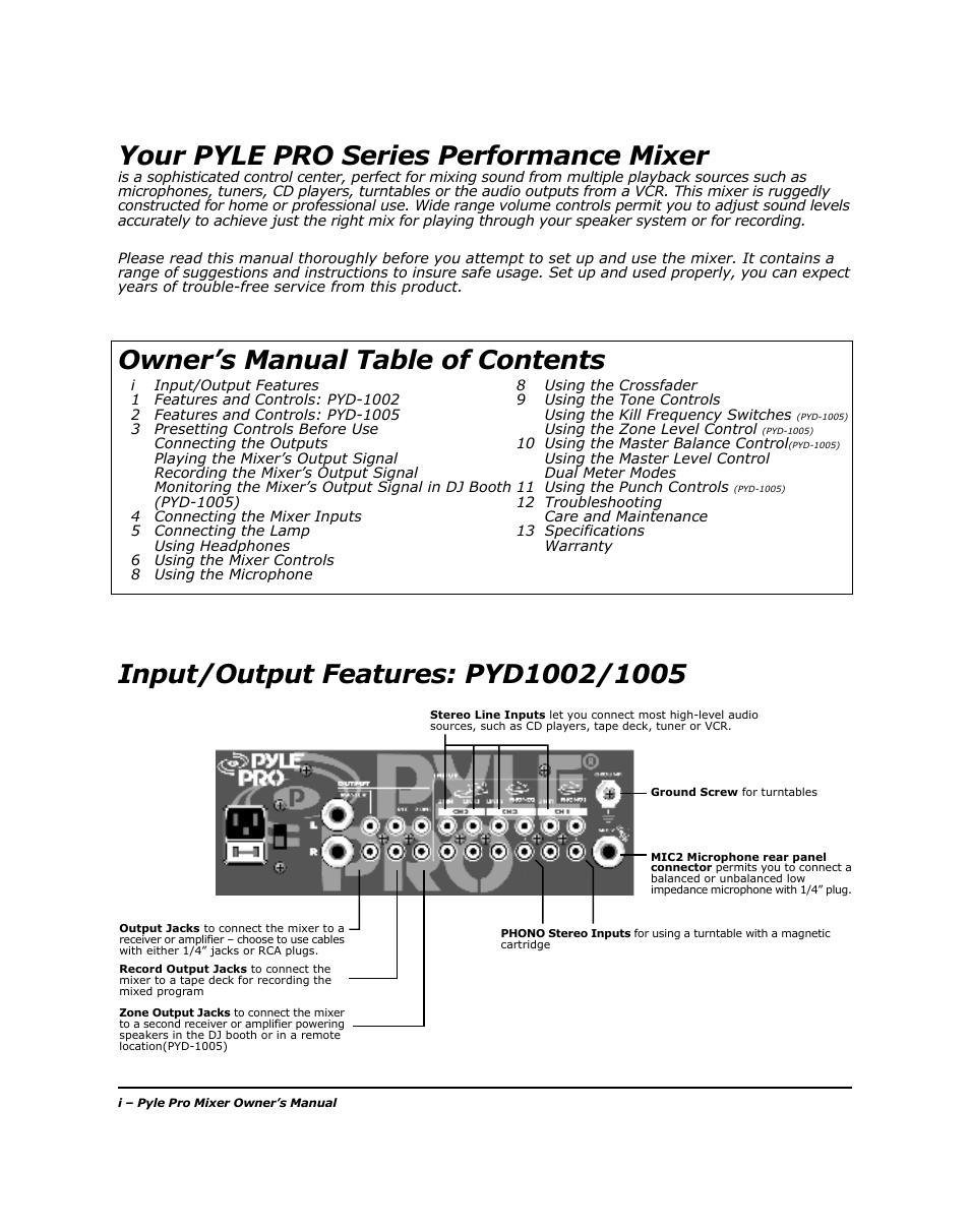 Your pyle pro series performance mixer, Owner’s manual table of contents | PYLE Audio PYD-1005 User Manual | Page 2 / 15