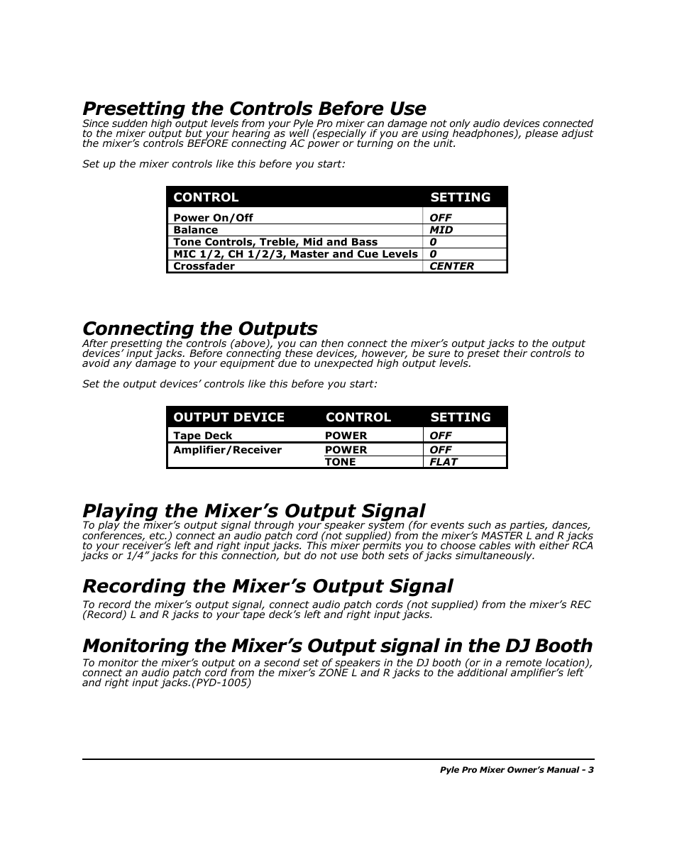 Presetting the controls before use, Playing the mixer’s output signal, Connecting the outputs | PYLE Audio PYD-1005 User Manual | Page 5 / 15