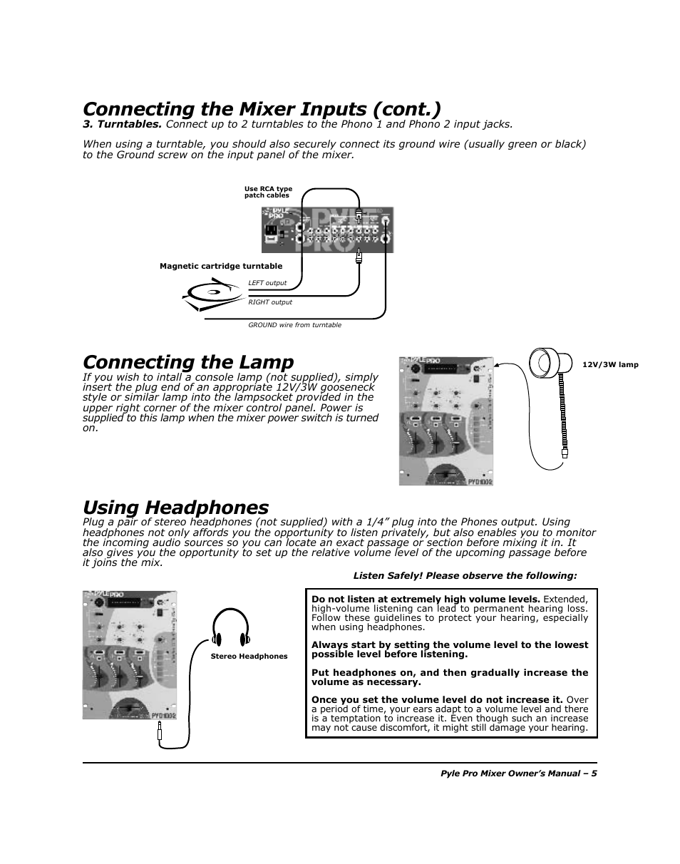 Using headphones, Connecting the mixer inputs (cont.), Connecting the lamp | PYLE Audio PYD-1005 User Manual | Page 7 / 15