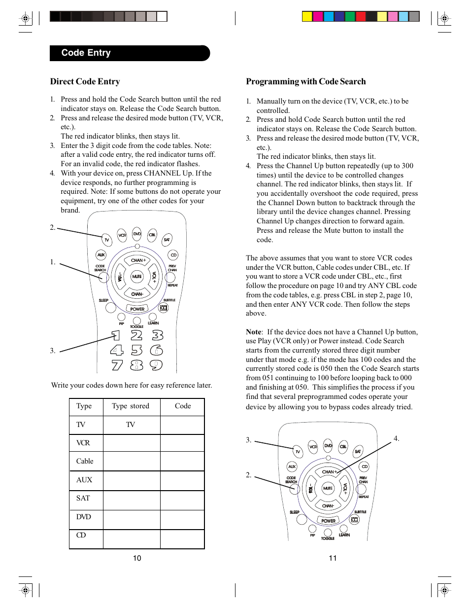 Programming with code search, Direct code entry, Code entry | PYLE Audio PM725 User Manual | Page 6 / 13