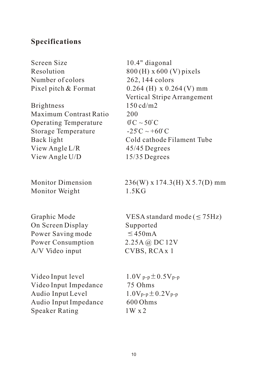 Specifications | PYLE Audio PLVW1040R User Manual | Page 11 / 12