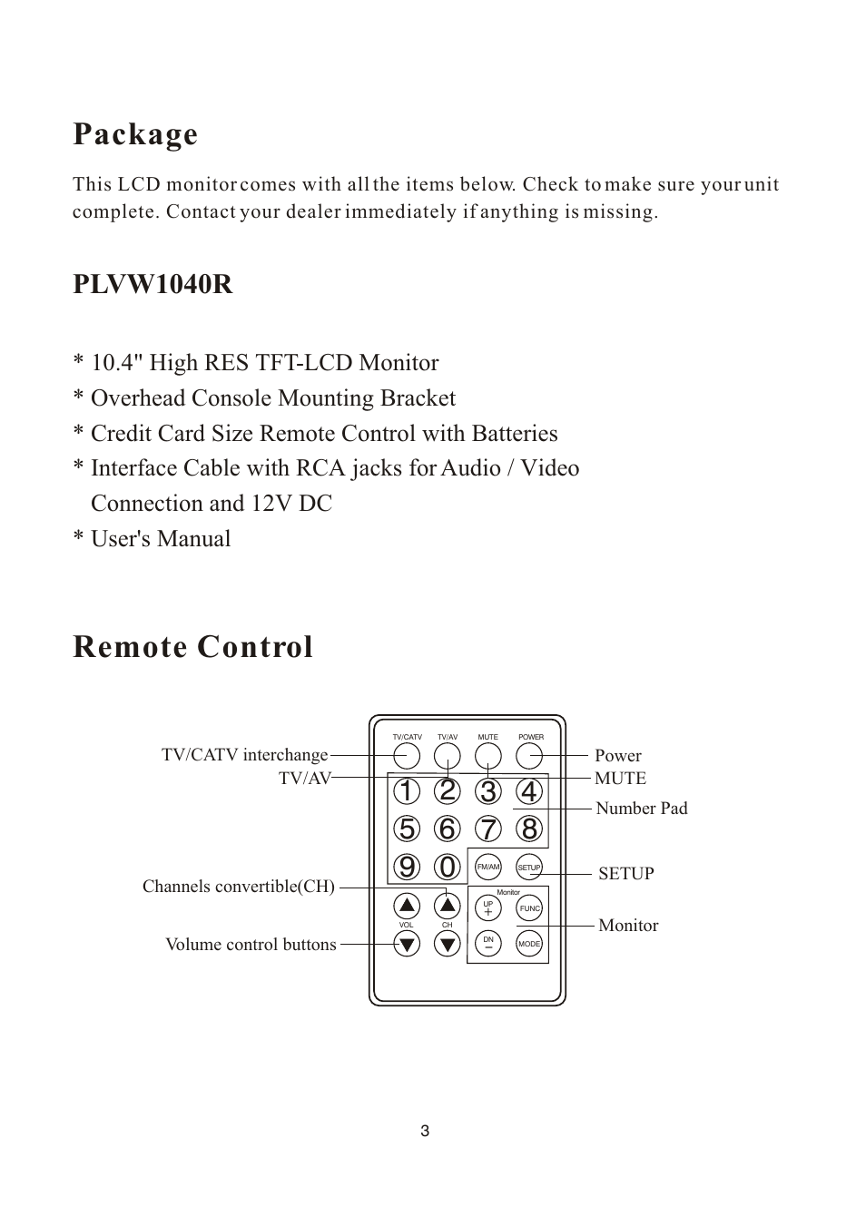 Package, Remote control, Plvw1040r | PYLE Audio PLVW1040R User Manual | Page 4 / 12