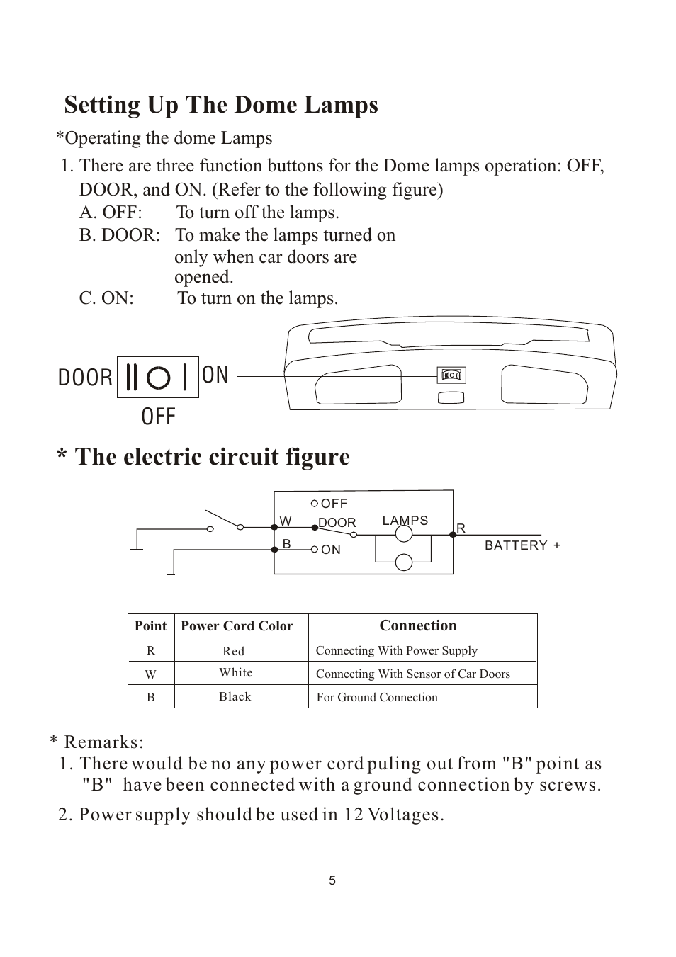 Setting up the dome lamps, The electric circuit figure, On door off | PYLE Audio PLVW1040R User Manual | Page 6 / 12