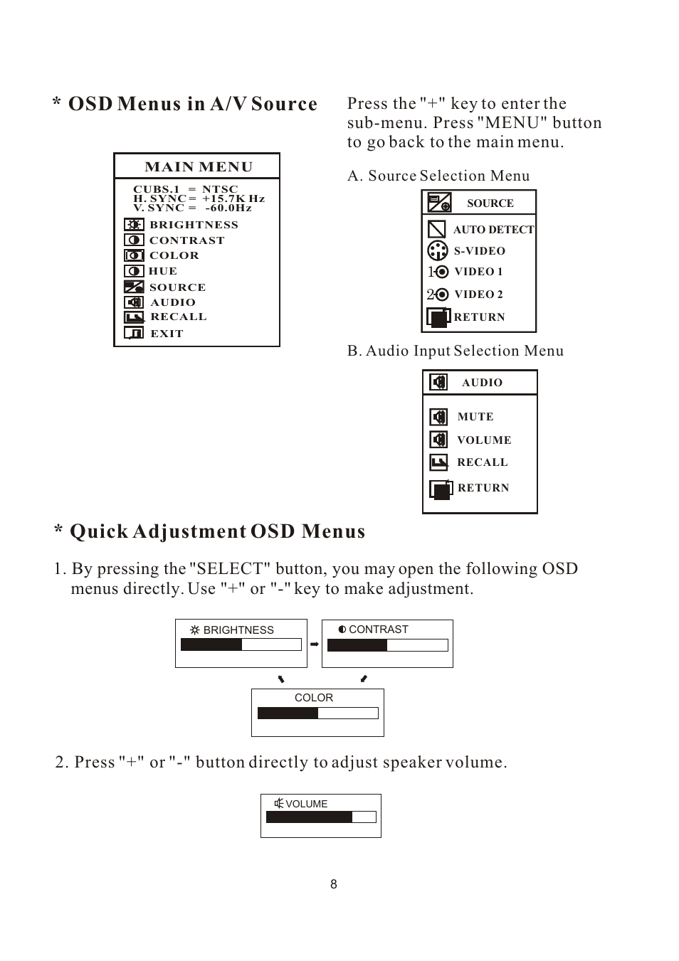 Osd menus in a/v source, Quick adjustment osd menus | PYLE Audio PLVW1040R User Manual | Page 9 / 12