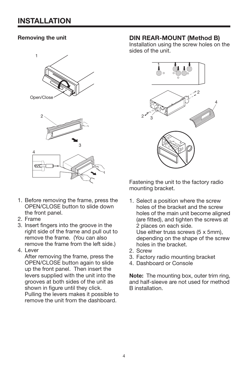 Installation, Din rear-mount (method b) | PYLE Audio PLCD67 User Manual | Page 4 / 12