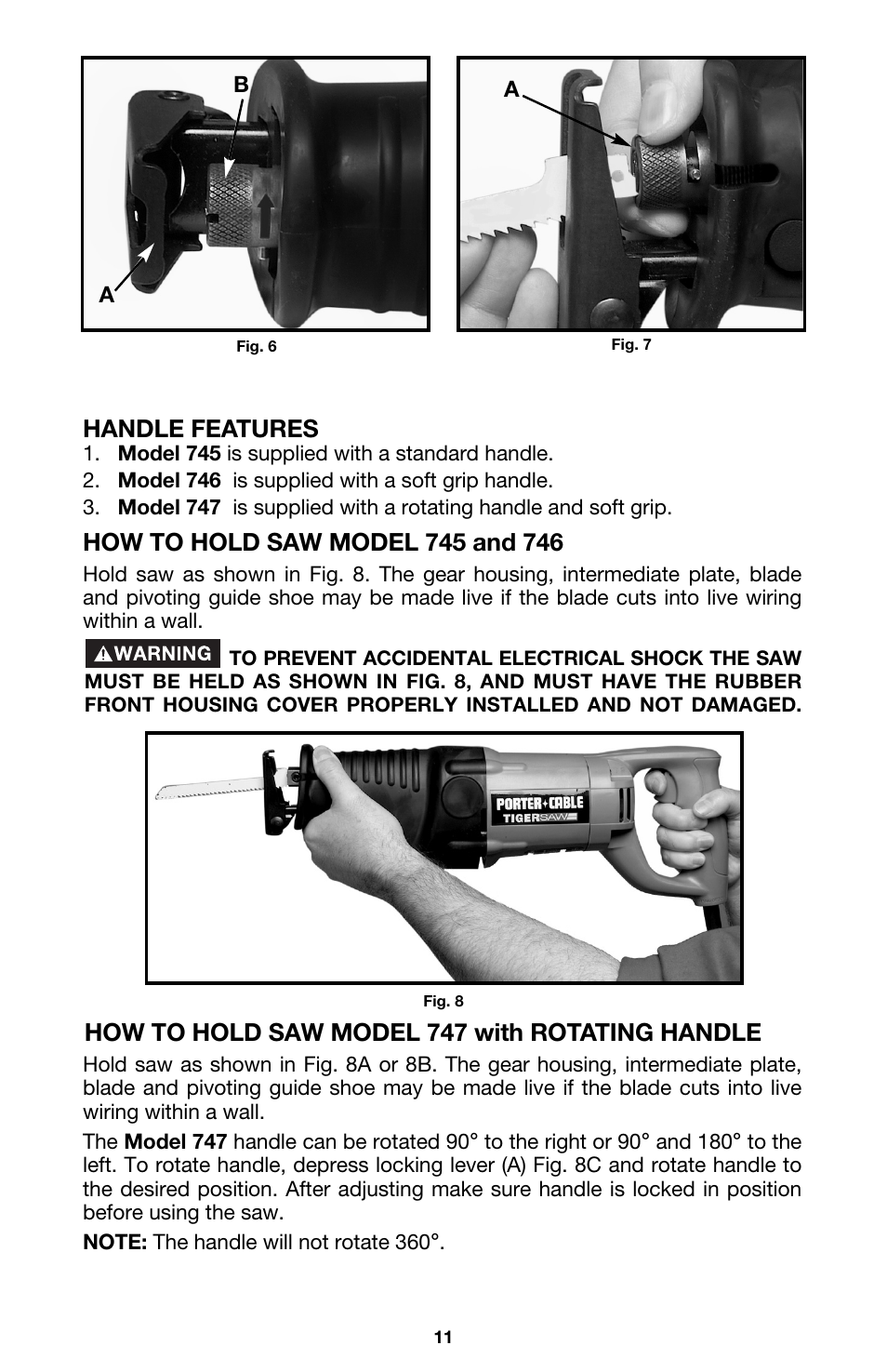 Handle features, How to hold saw model 747 with rotating handle | PYLE Audio 747 User Manual | Page 11 / 19