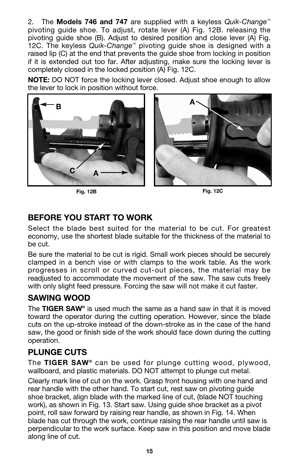 Before you start to work, Sawing wood, Plunge cuts | PYLE Audio 747 User Manual | Page 15 / 19