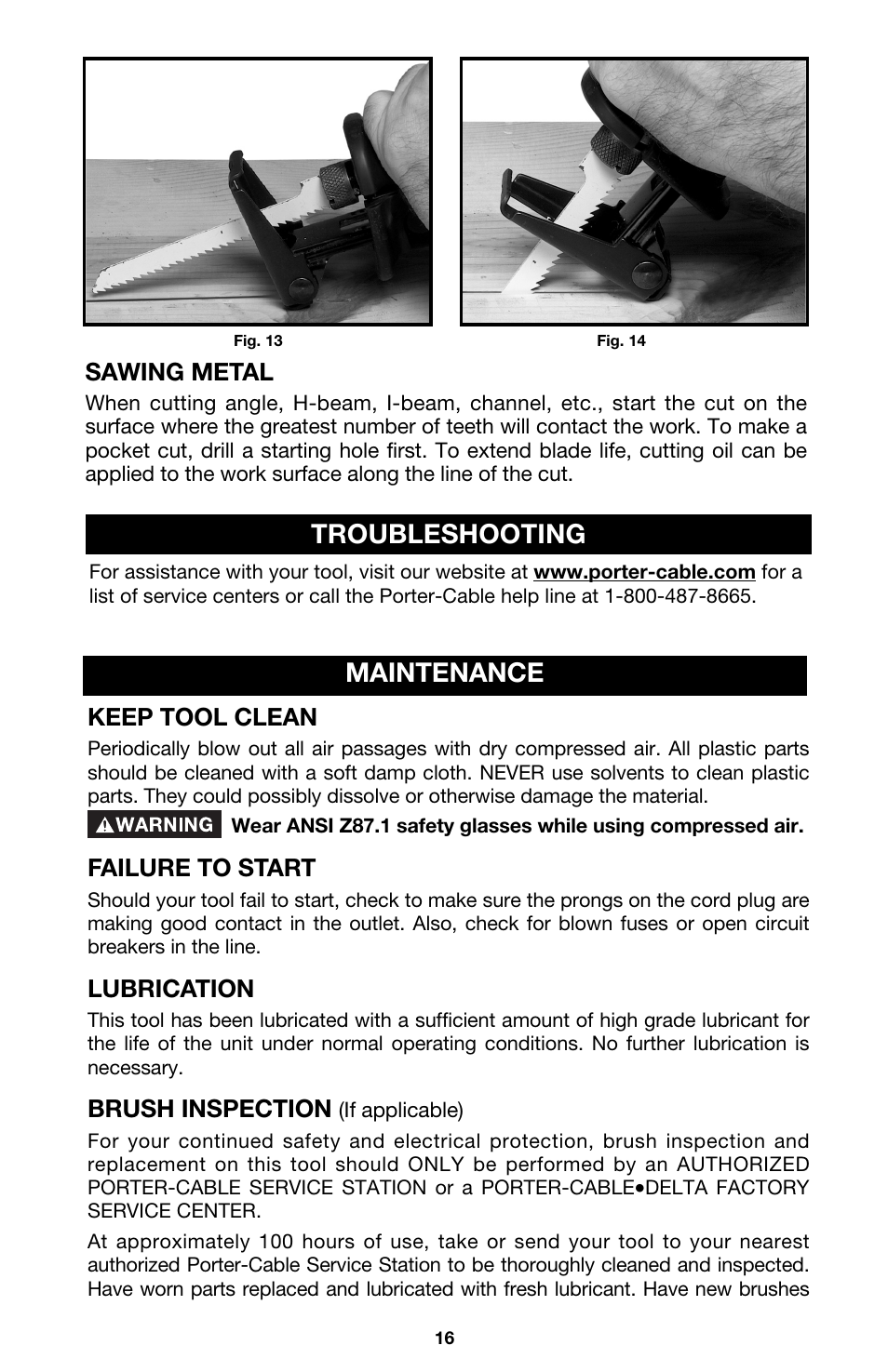 Maintenance, Troubleshooting, Sawing metal | Keep tool clean, Failure to start, Lubrication, Brush inspection | PYLE Audio 747 User Manual | Page 16 / 19