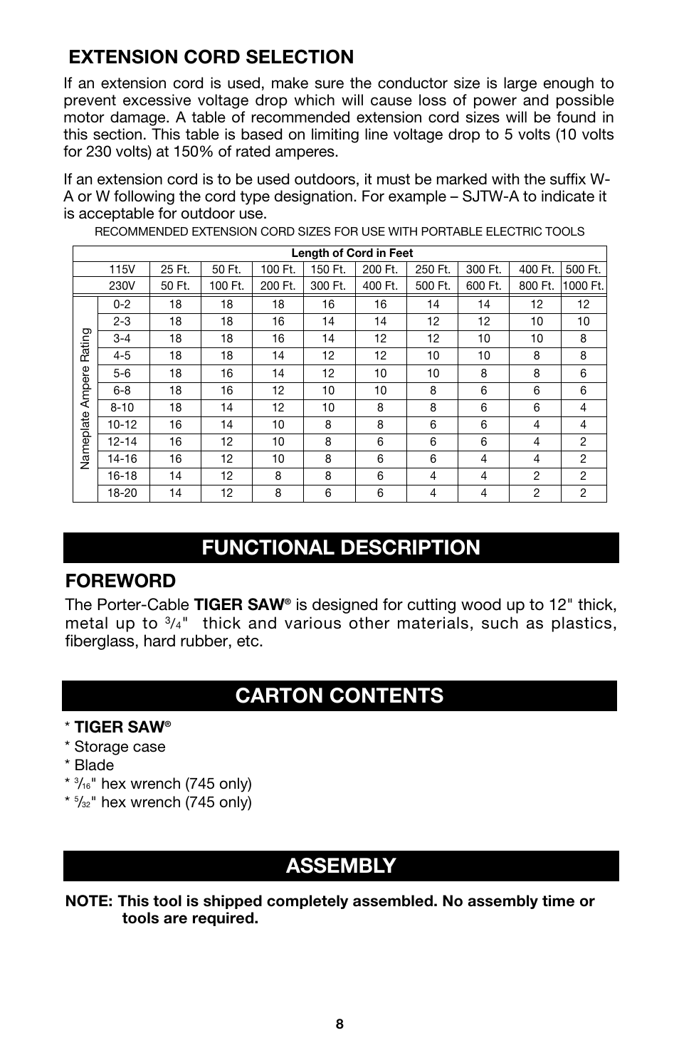 Carton contents, Functional description, Assembly | Extension cord selection, Foreword, Tiger saw, The porter-cable tiger saw, Storage case * blade, Hex wrench (745 only) | PYLE Audio 747 User Manual | Page 8 / 19