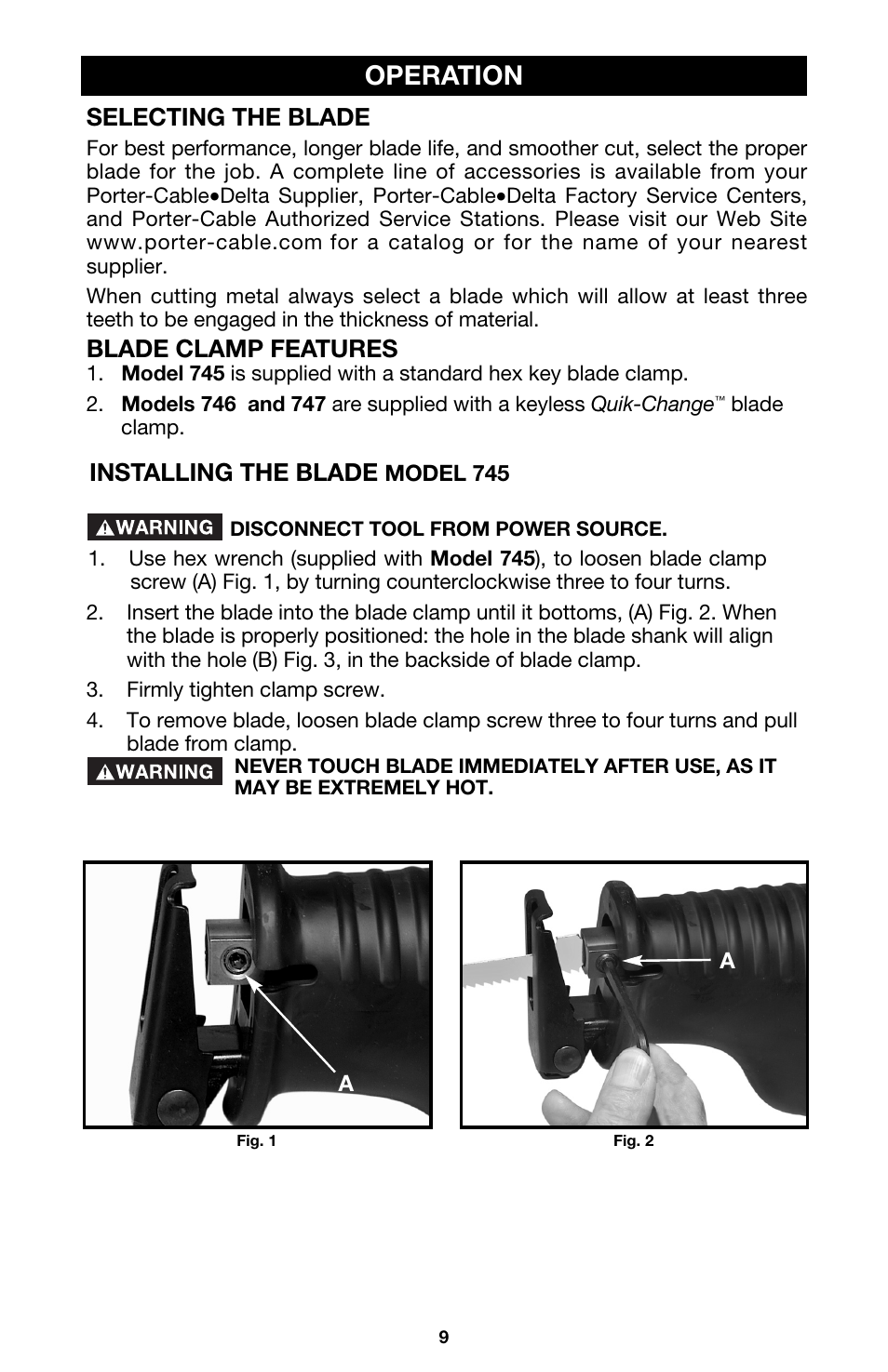 Operation, Selecting the blade, Blade clamp features | Installing the blade | PYLE Audio 747 User Manual | Page 9 / 19