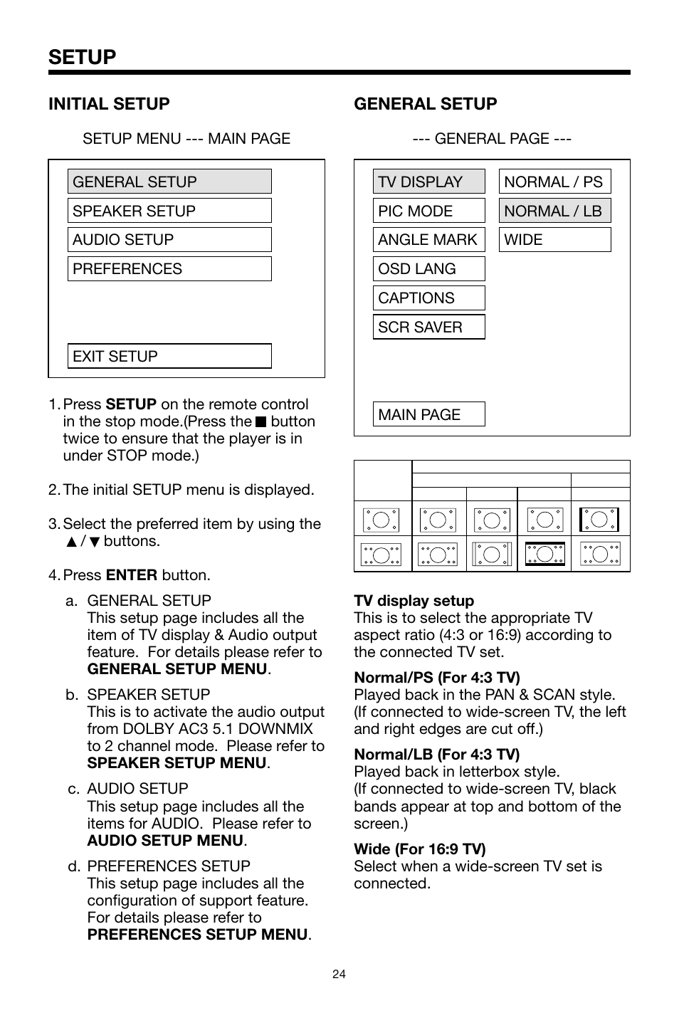 Setup, Initial setup, General setup | PYLE Audio PLTVRDIN65 User Manual | Page 24 / 32