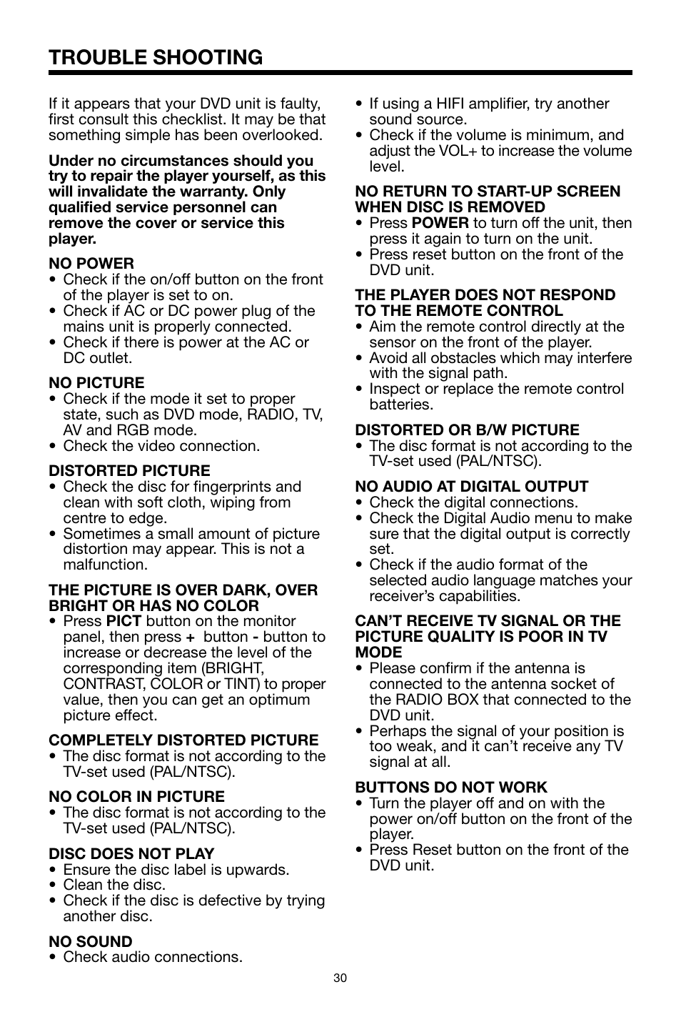 Trouble shooting | PYLE Audio PLTVRDIN65 User Manual | Page 30 / 32