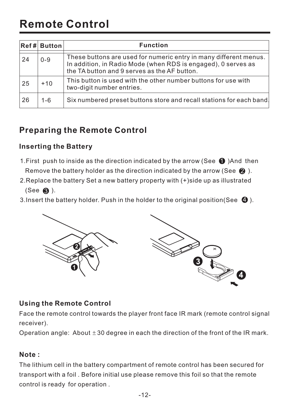 Remote control, Preparing the remote control | PYLE Audio PLD71MU User Manual | Page 13 / 38