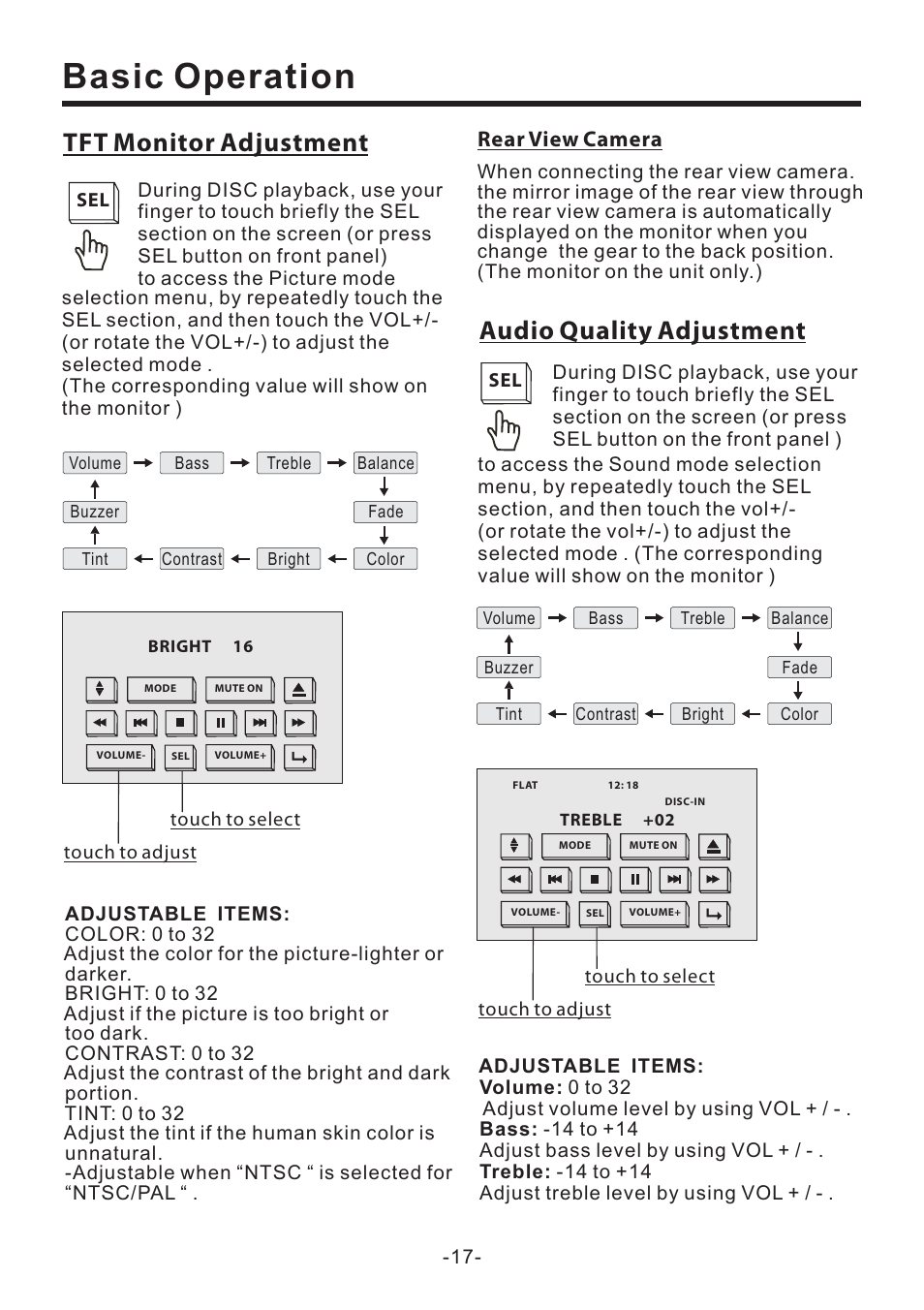 Basic operation, Tft monitor adjustment, Audio quality adjustment | Rear view camera | PYLE Audio PLD71MU User Manual | Page 18 / 38