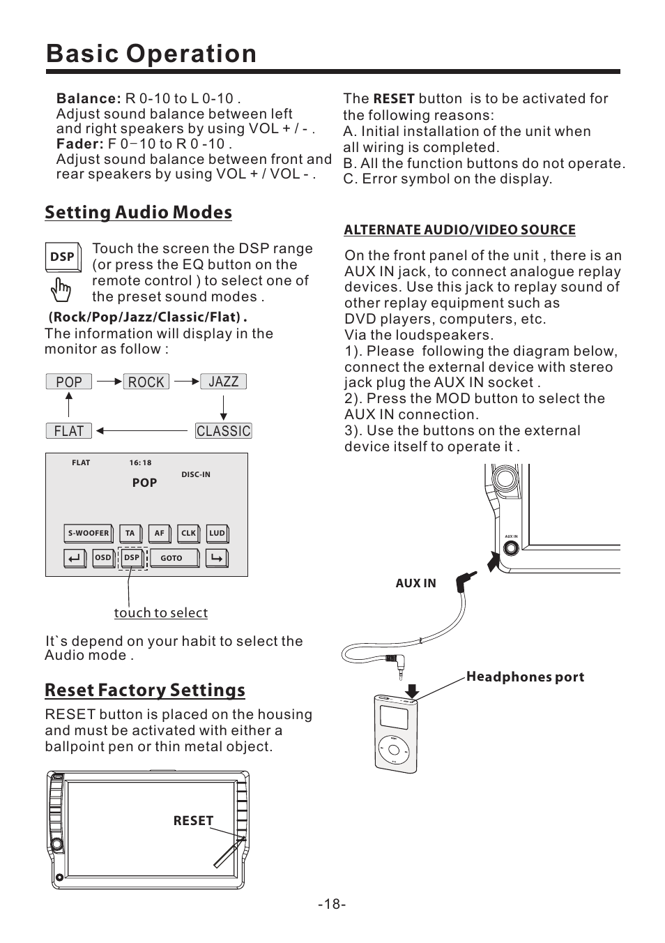 Basic operation, Setting audio modes, Reset factory settings | PYLE Audio PLD71MU User Manual | Page 19 / 38