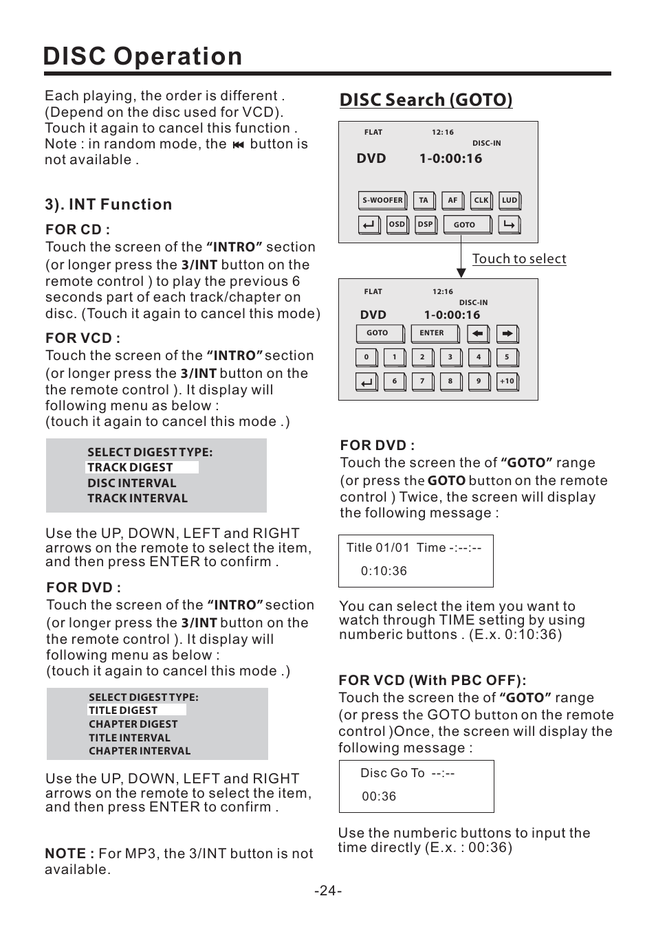Disc operation, Disc search (goto), 3). int function | PYLE Audio PLD71MU User Manual | Page 25 / 38