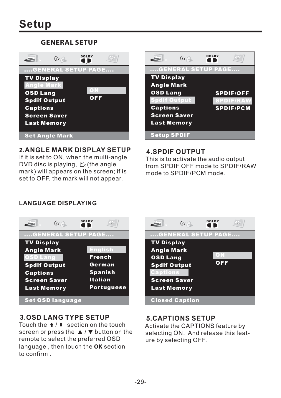 Setup, General setup, Captions setup | Angle mark display setup, Spdif output, Osd lang type setup | PYLE Audio PLD71MU User Manual | Page 30 / 38