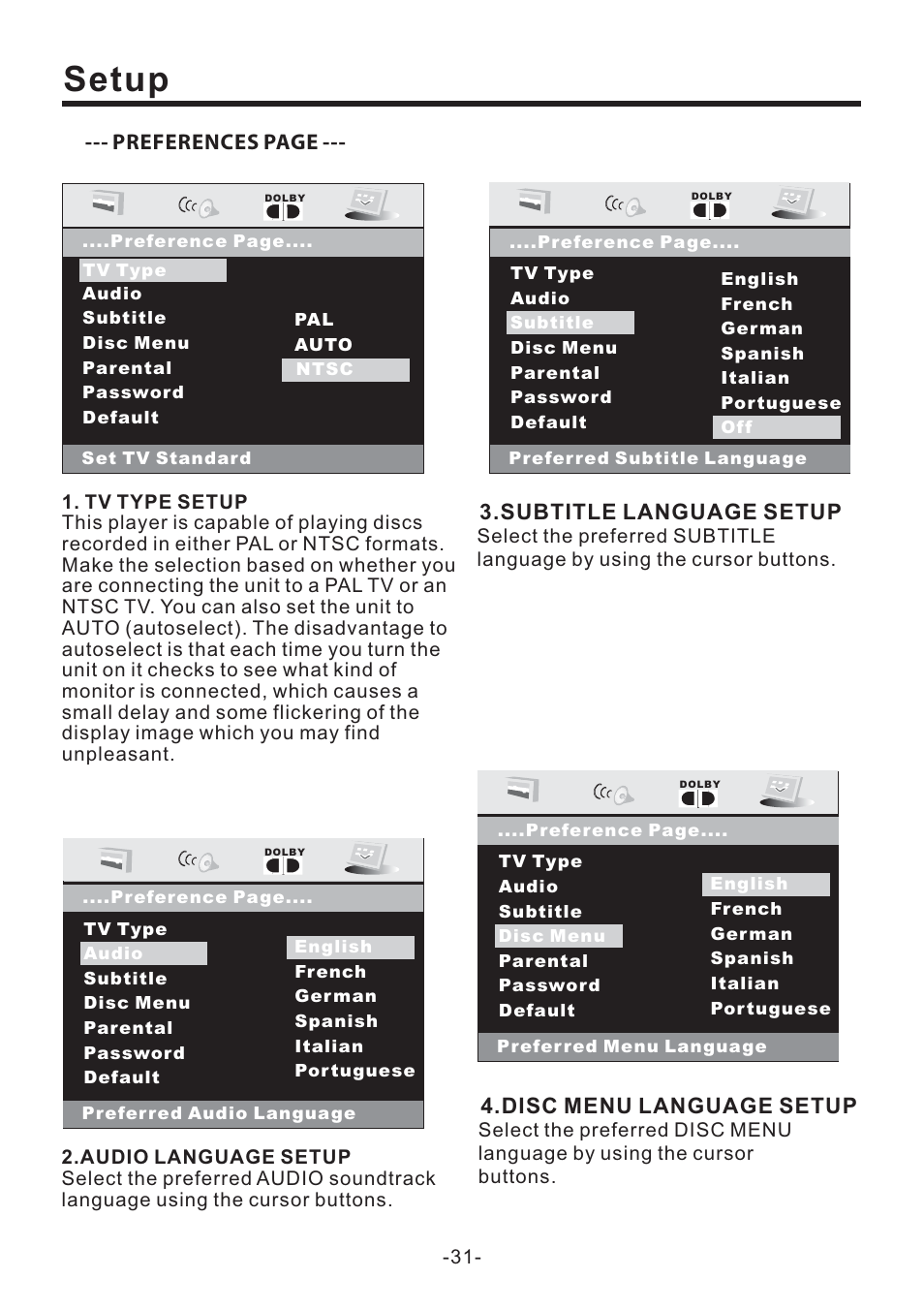 Setup, Preferences page, Subtitle language setup | Disc menu language setup | PYLE Audio PLD71MU User Manual | Page 32 / 38