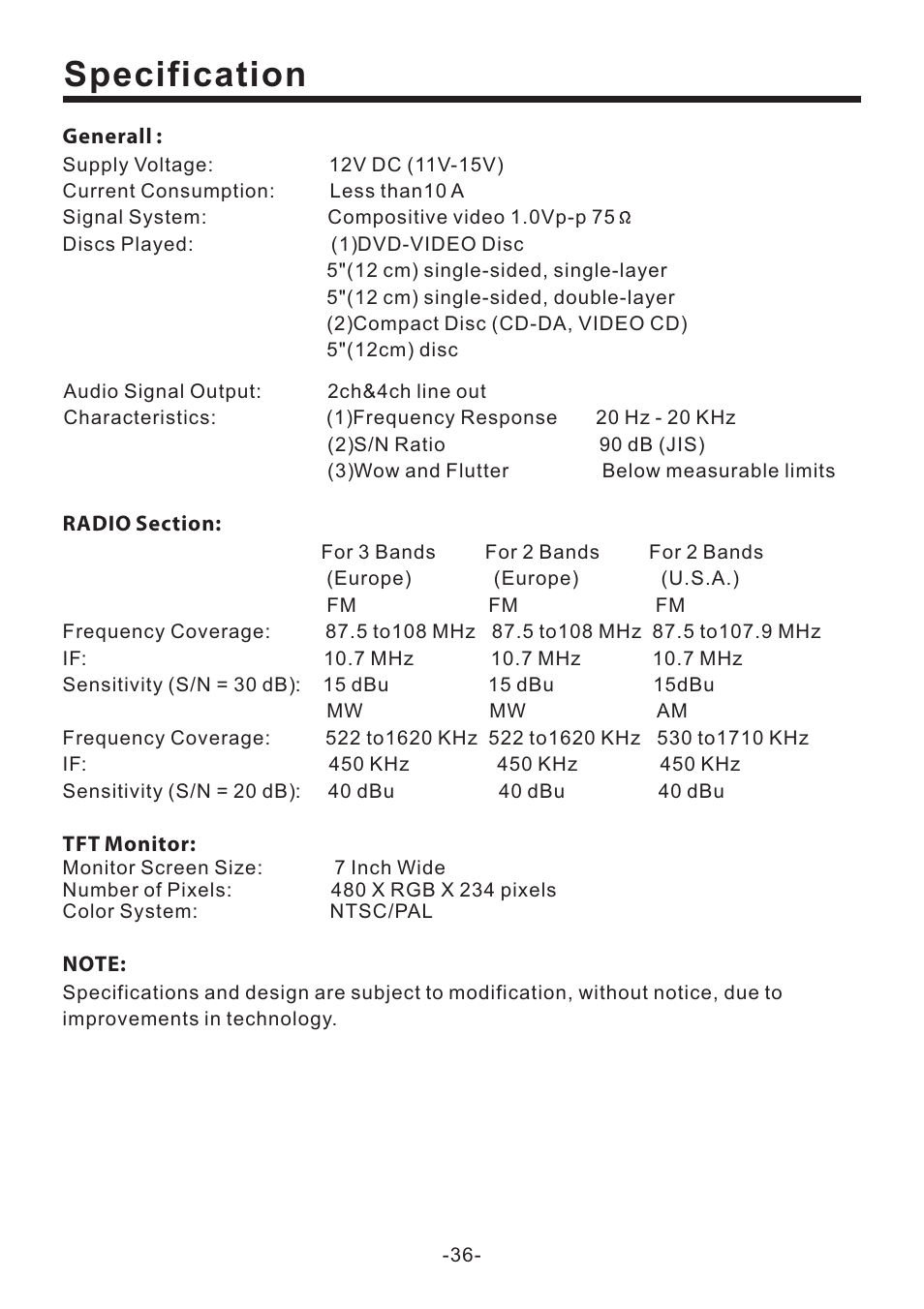 Specification | PYLE Audio PLD71MU User Manual | Page 37 / 38