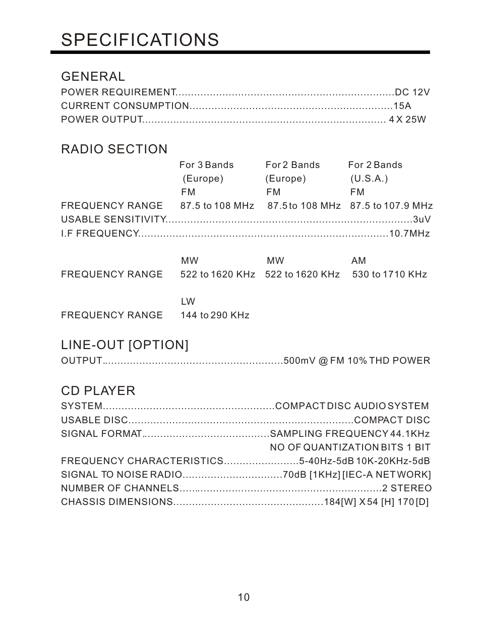 Specifications, General, Line-out [option | Cd player | PYLE Audio PLCD80M User Manual | Page 11 / 12