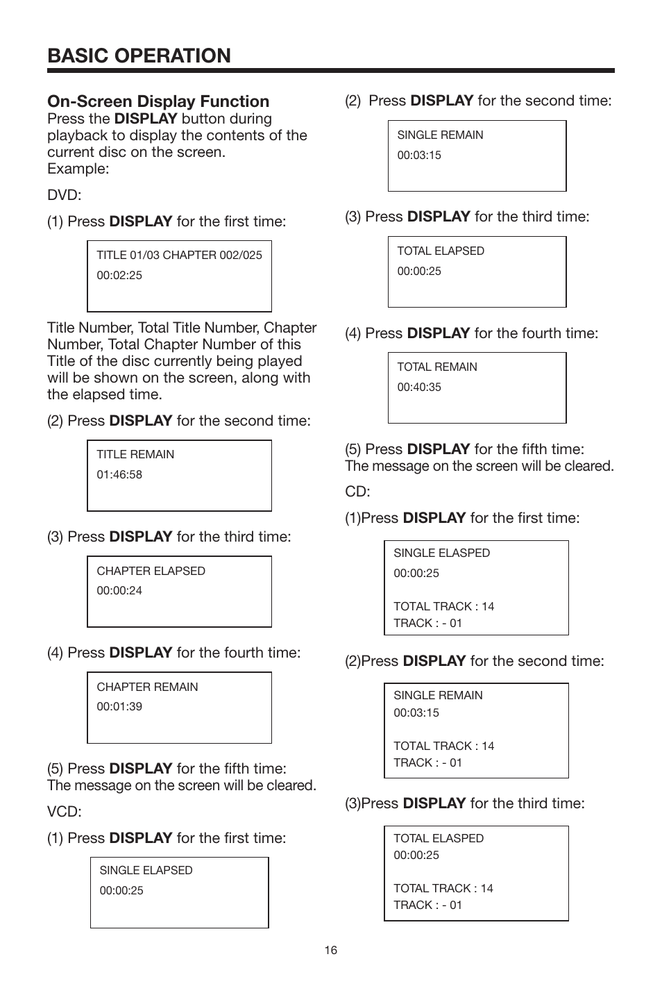 Basic operation, On-screen display function | PYLE Audio PLTVD7P User Manual | Page 16 / 28
