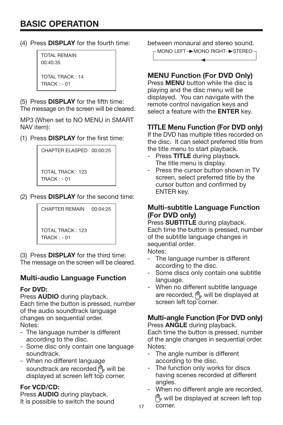 Basic operation, Menu function (for dvd only), Title menu function (for dvd only) | Multi-subtitle language function (for dvd only), Multi-angle function (for dvd only), Multi-audio language function | PYLE Audio PLTVD7P User Manual | Page 17 / 28