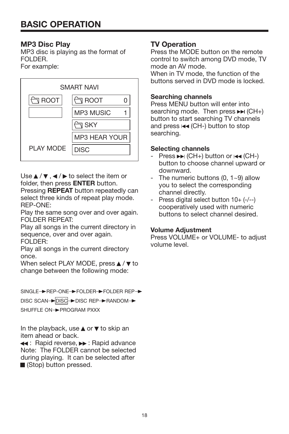 Basic operation, Mp3 disc play, Tv operation | PYLE Audio PLTVD7P User Manual | Page 18 / 28