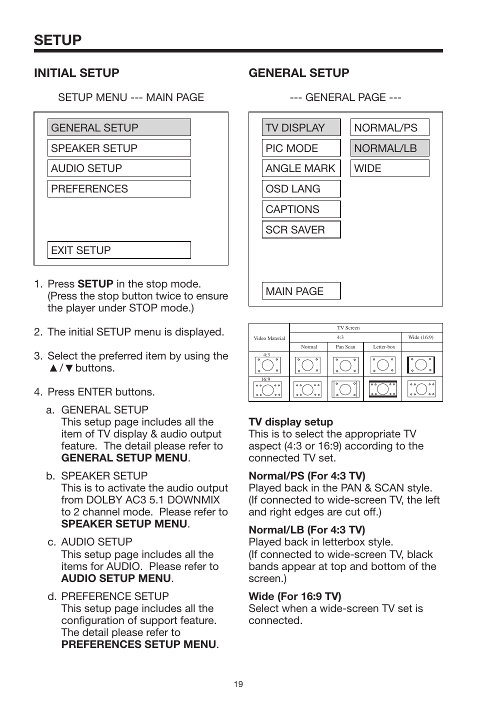 Setup, Initial setup, General setup | PYLE Audio PLTVD7P User Manual | Page 19 / 28