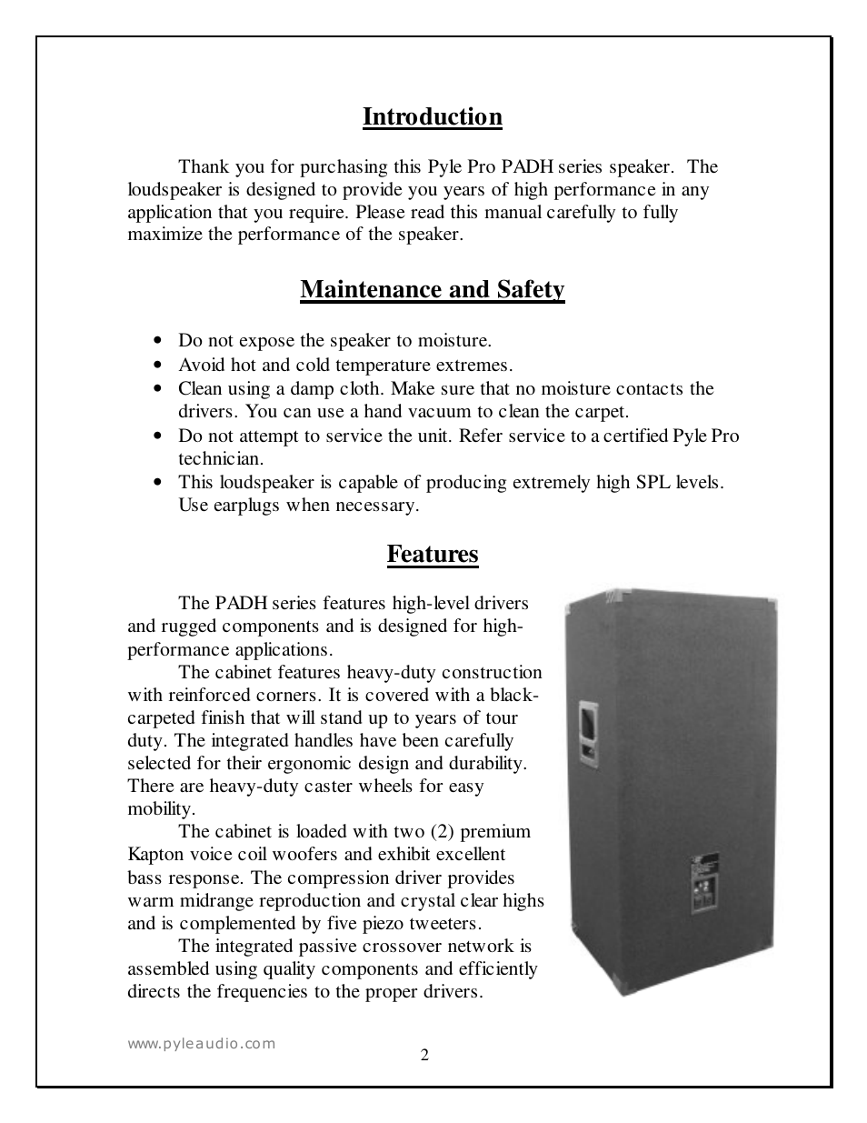 Introduction, Maintenance and safety, Features | PYLE Audio PADH 152 User Manual | Page 2 / 7