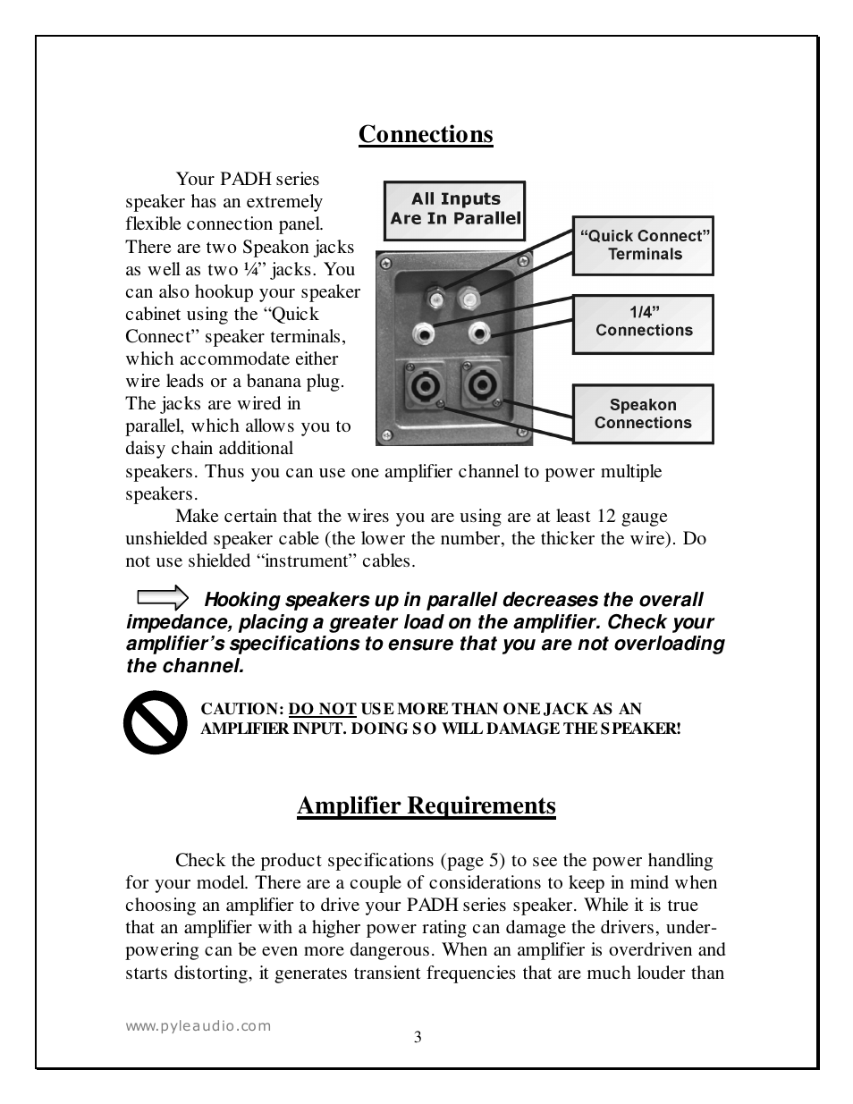 Connections, Amplifier requirements | PYLE Audio PADH 152 User Manual | Page 3 / 7