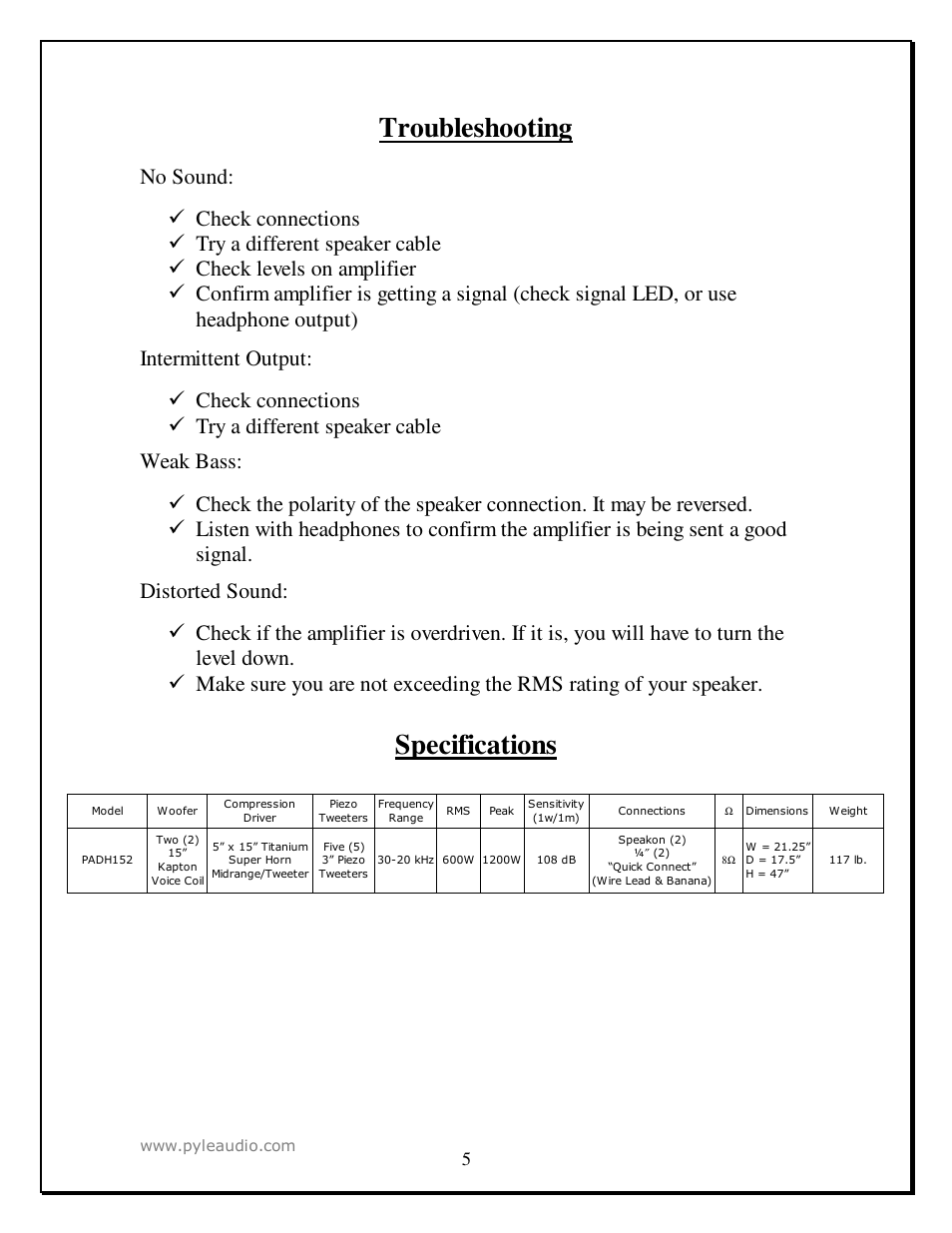 Troubleshooting, Specifications | PYLE Audio PADH 152 User Manual | Page 5 / 7