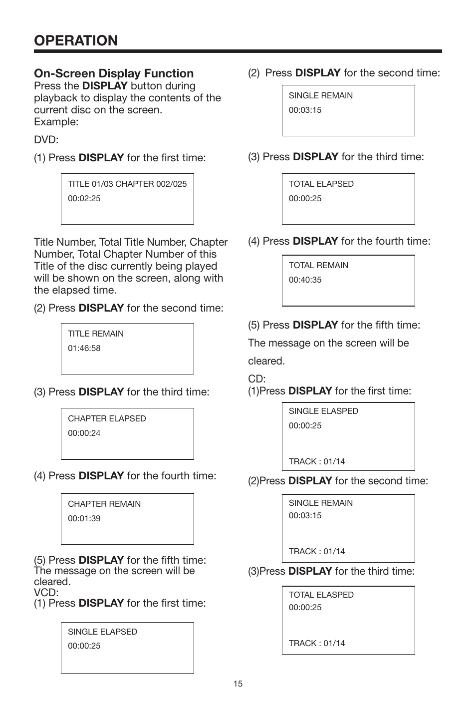 Operation, On-screen display function | PYLE Audio PLMDR7 User Manual | Page 15 / 25