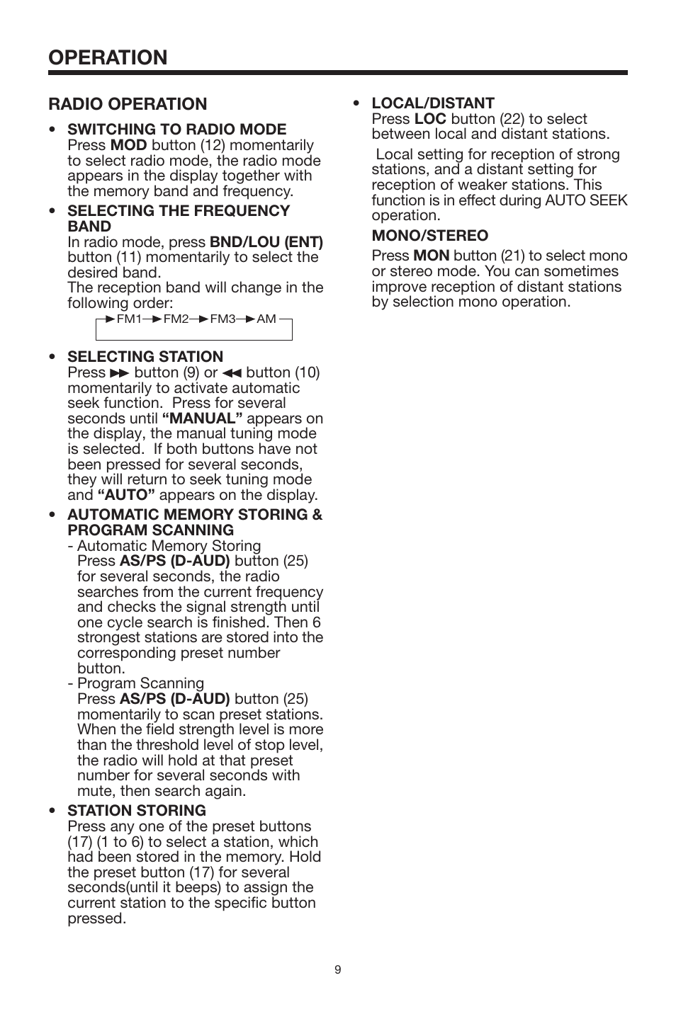 Operation, Radio operation | PYLE Audio PLCD3MR User Manual | Page 9 / 17