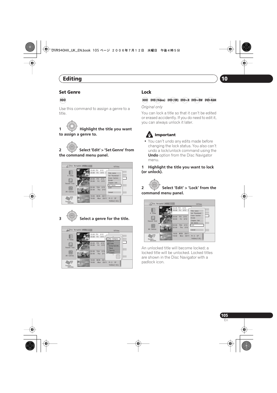 Editing 10, Set genre, Lock | Use this command to assign a genre to a title, Original only, Important, Undo, Option from the disc navigator menu, Hdd dvd (video) dvd (vr) dvd+r dvd+rw dvd-ram | Pioneer DVR-545HX-S User Manual | Page 105 / 172