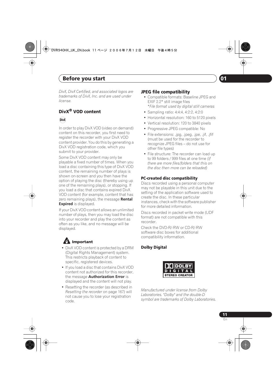 Before you start 01 | Pioneer DVR-545HX-S User Manual | Page 11 / 172