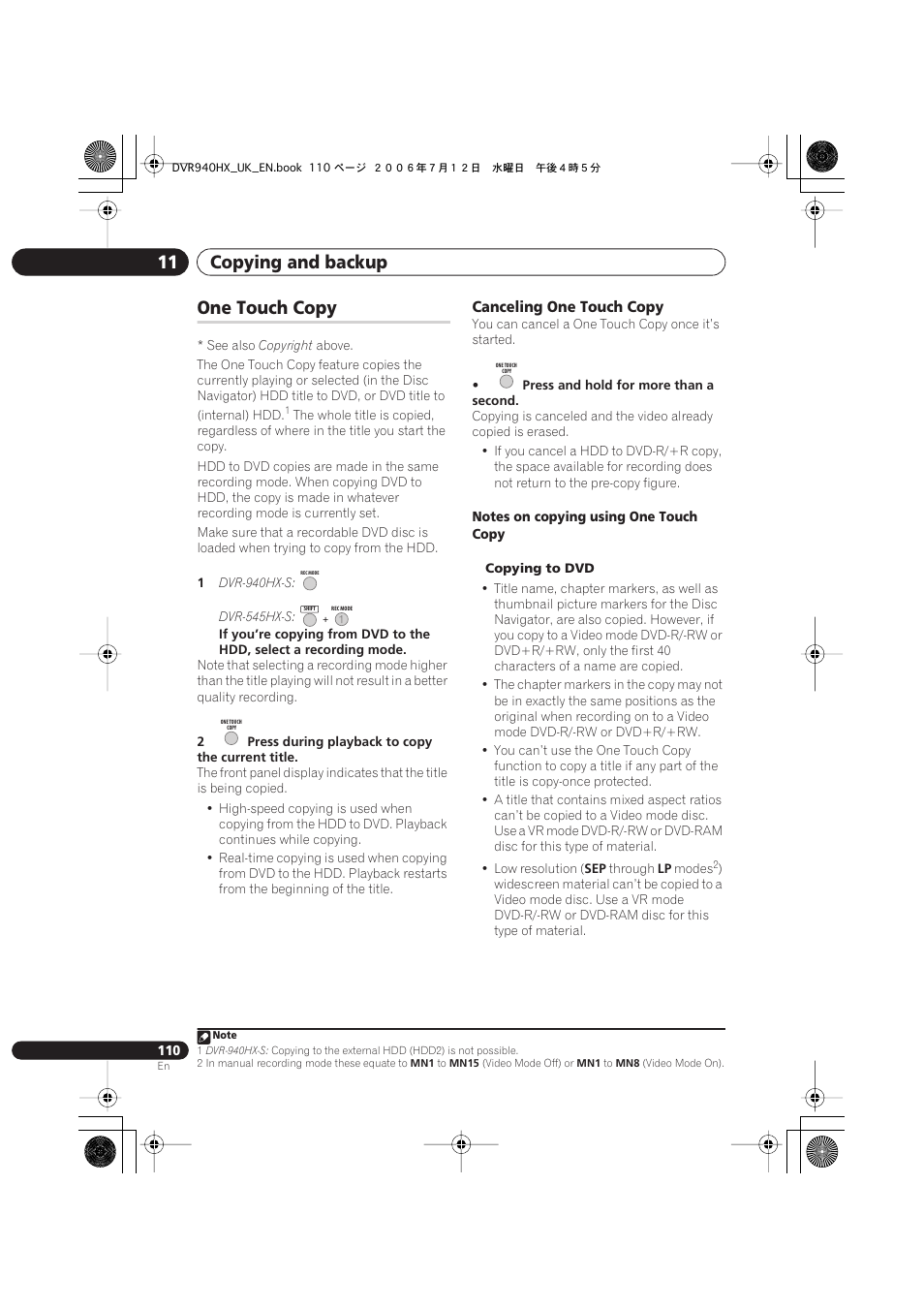 One touch copy, Copying and backup 11, Canceling one touch copy | Pioneer DVR-545HX-S User Manual | Page 110 / 172