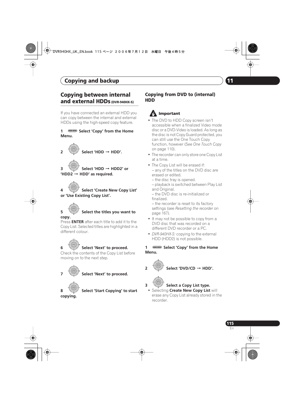 Copying and backup 11, Copying between internal, And external hdds | Copying from dvd to (internal) hdd | Pioneer DVR-545HX-S User Manual | Page 115 / 172