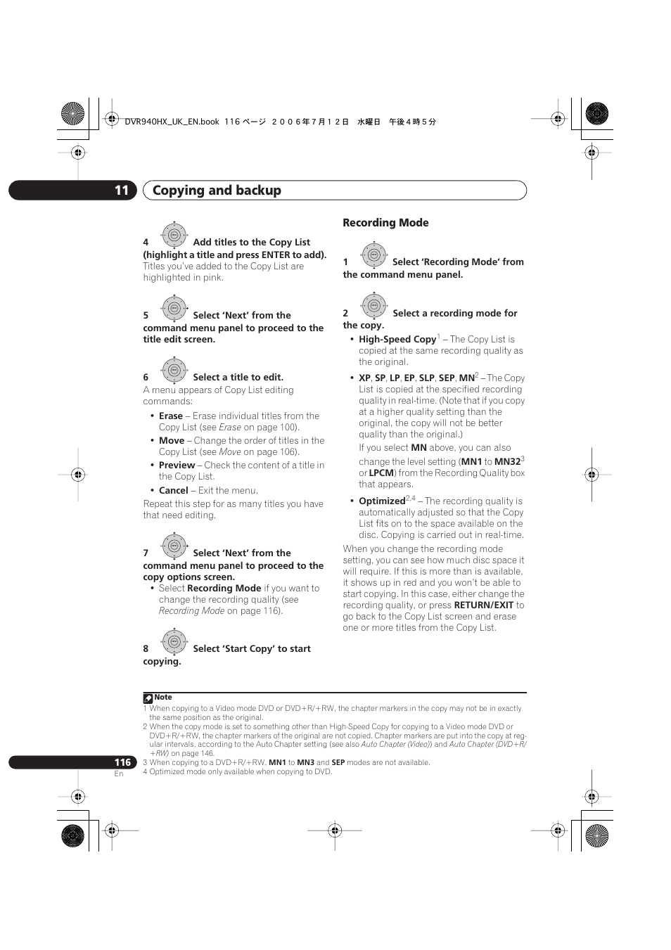 Copying and backup 11, Recording mode | Pioneer DVR-545HX-S User Manual | Page 116 / 172