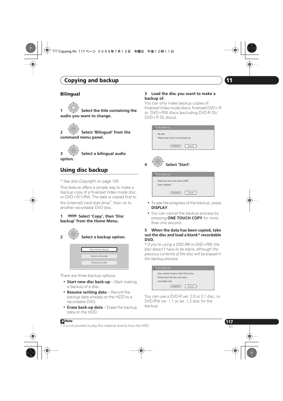 Using disc backup, Copying and backup 11, Bilingual | Pioneer DVR-545HX-S User Manual | Page 117 / 172