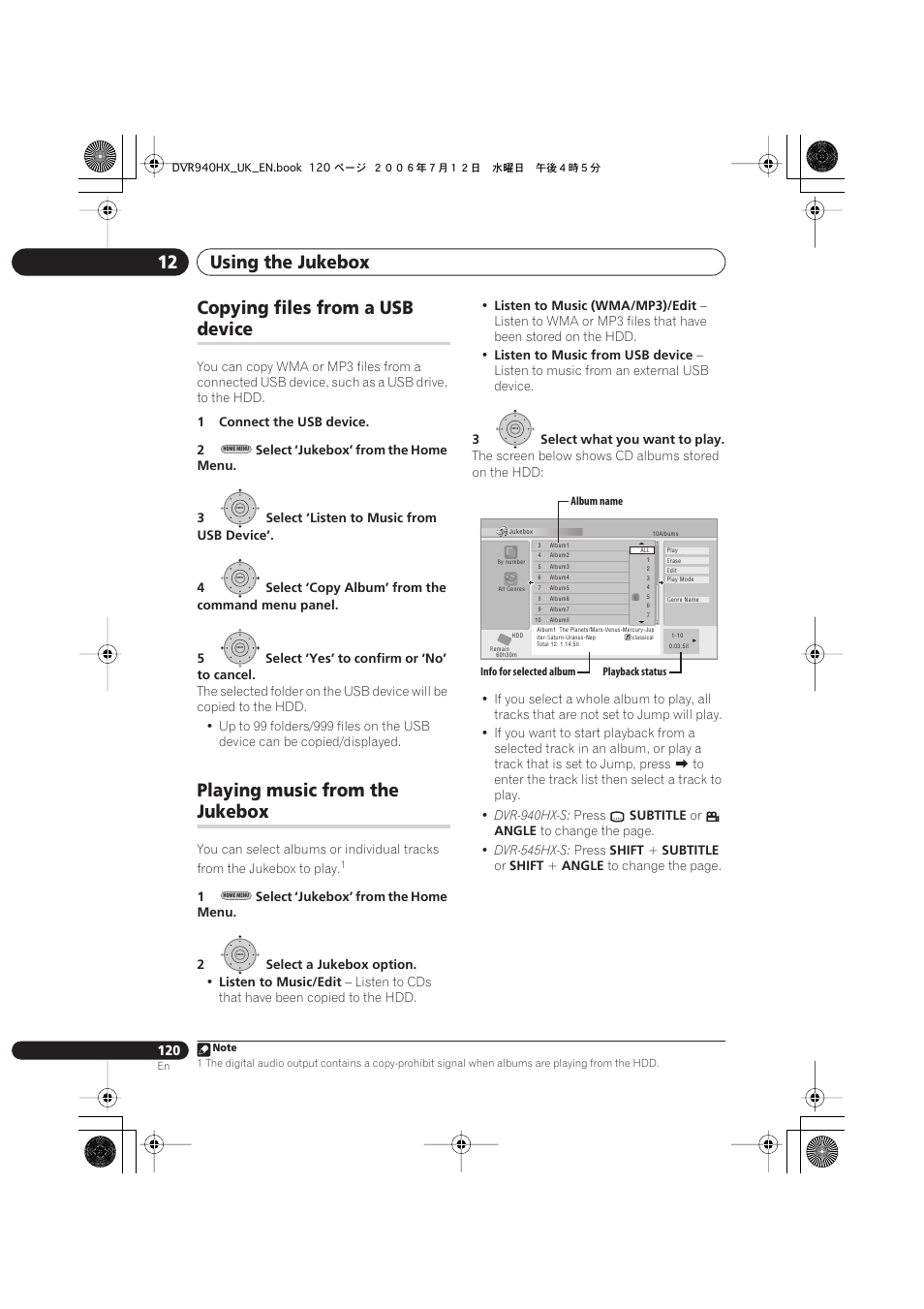 Copying files from a usb device, Playing music from the jukebox, Using the jukebox 12 | Copying files from a usb, Device, Playing music from the, Jukebox | Pioneer DVR-545HX-S User Manual | Page 120 / 172