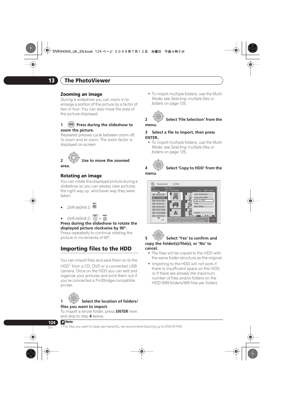 Importing files to the hdd, The photoviewer 13, Zooming an image | Rotating an image | Pioneer DVR-545HX-S User Manual | Page 124 / 172