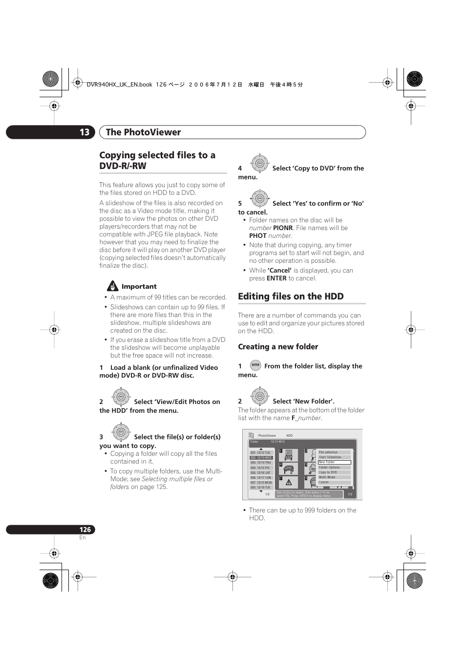 Copying selected files to a dvd-r/-rw, Editing files on the hdd, The photoviewer 13 | Copying selected files to a, Dvd-r/-rw, Creating a new folder | Pioneer DVR-545HX-S User Manual | Page 126 / 172