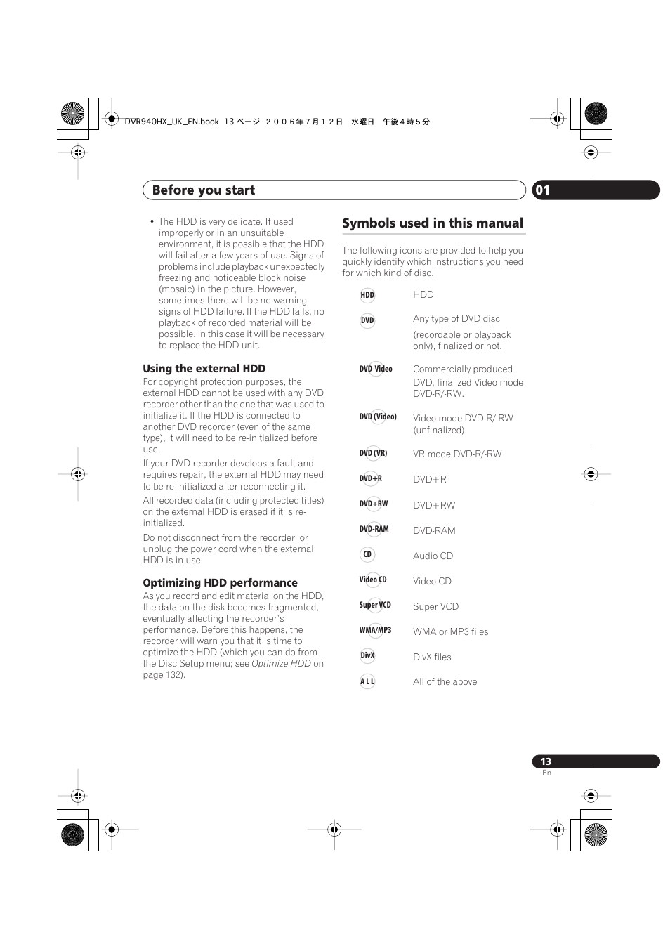 Symbols used in this manual, Before you start 01 | Pioneer DVR-545HX-S User Manual | Page 13 / 172